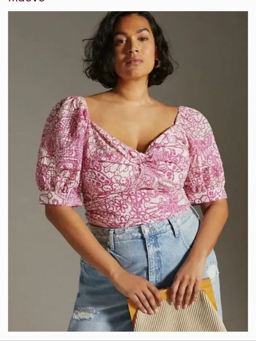 Maeve for Anthropologie Pink White Floral Smocked Wrap Puff-Sleeve Crop Top XL